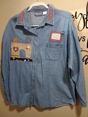 Vintage Faded Gear Denim Novelty Shirt 1XL Blue Embroidered Sewing Machine 90s